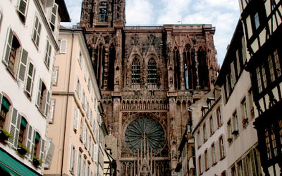 Strasbourg's magnificent Cathedral of Notre-Dame, seen from the Rue Merciere.
