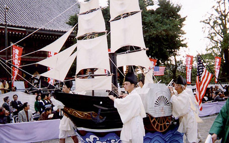 “A Black Ship” parade in Tokyo Jidai Matsuri at Asakusa. U.S. Commodore Matthew C. Perry and his Black Ships forced Japan’s shogunate government to end its two-and-a-half centuries of isolation in 1854. The Japanese people called the ships “Black Ships” because they were not used to seeing ships made of iron, but Japanese wooden ships.