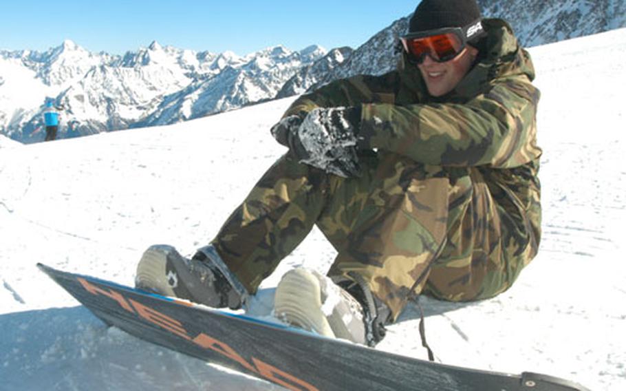 A first-time snowboarder, Airman Mark Davies nearly gave up halfway down the Rettenbach glacier. Despite the learning curve, Davies said the trip to the Alps would make a good story to tell his folks.