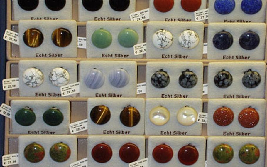 Earrings made from semi-precious stones come in many colors and textures at the shops in Idar-Oberstein.