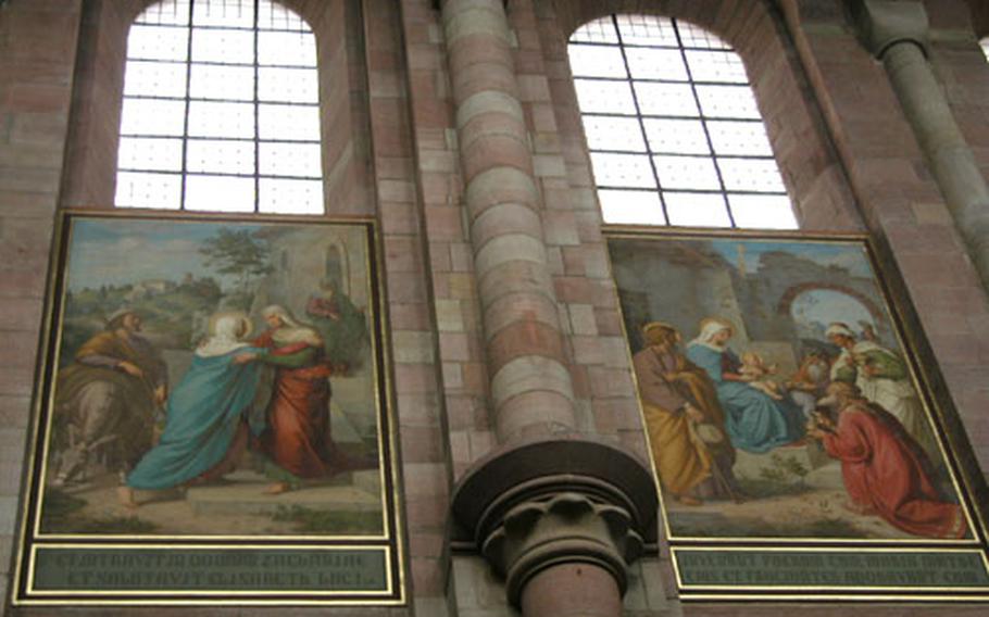 The frescoes that line the upper walls of the Speyer cathedral were painted in the mid-19th century.