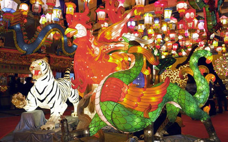 Colorful decorative lanterns are displayed at the main stage of the festival in Minato Koen Park.