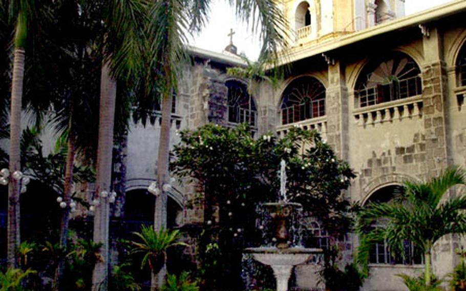 Right: Sit and enjoy the courtyard of the St. Augustine Church, looking at the palm trees and the bell tower.