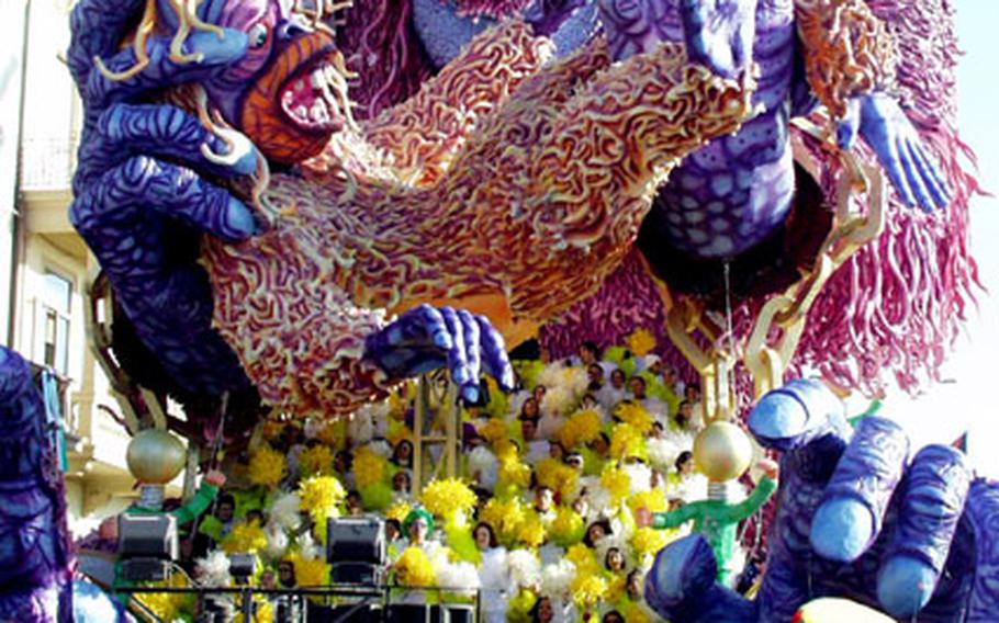 "The Intelligent Mind," one of the more colorful, loud and generally frenetic floats at a Carnevale in Viareggio, Italy. The float focused on the question of experimentation on animals.
