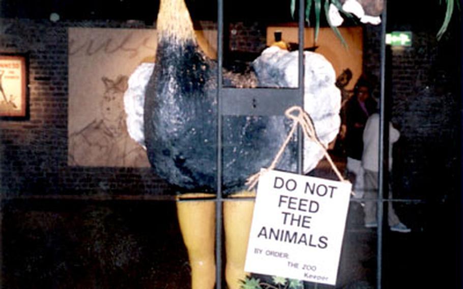A mannequin greets visitors with a light-hearted warning on the Guiness tour.