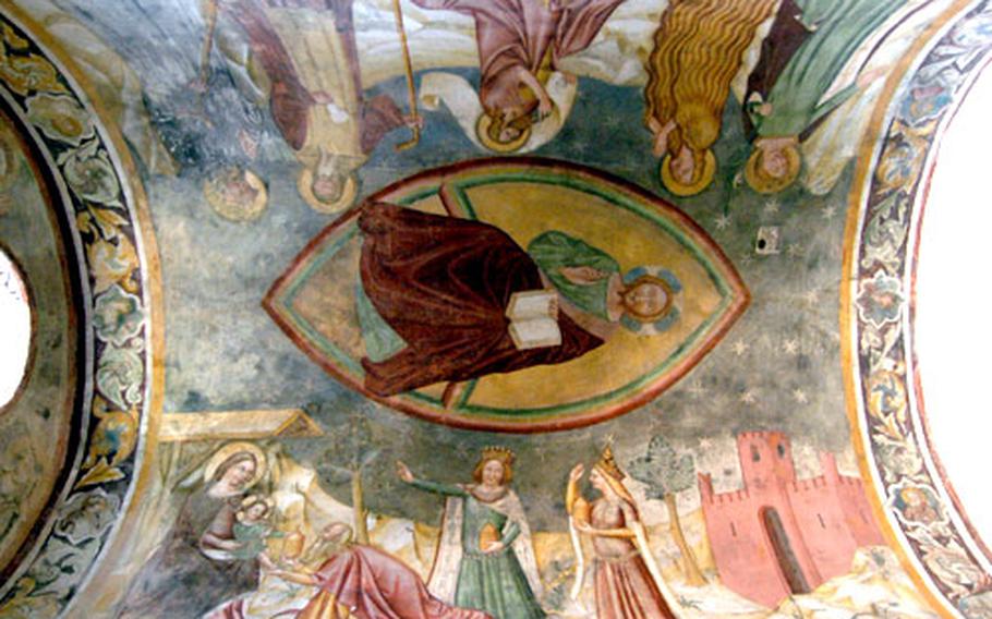 The Tempietto Longobardo, or Lombard temple, is famous for its eighth-century stuccoes and frescoes, such as this one on the ceiling.