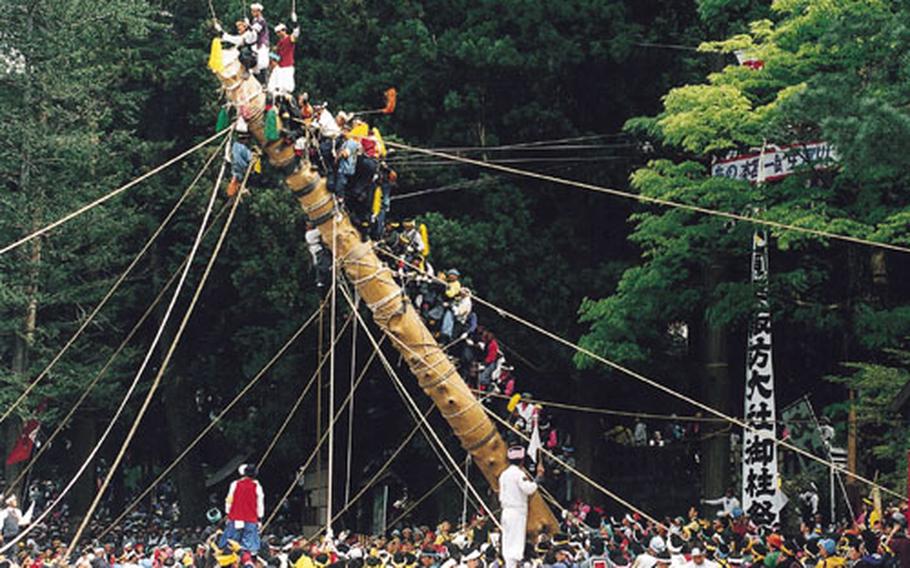 “Tate Onbashira,” the finale after the month-long Onbashira Festival, is the erecting of the Onbashira (sacred pillar) at the corners of Maemiya Shrine and Honmiya Shrine of Kamisha. It takes place on both May 3-4 at Shimosha, on May 8-9 at Harumiya and May 10 at Akimiya.