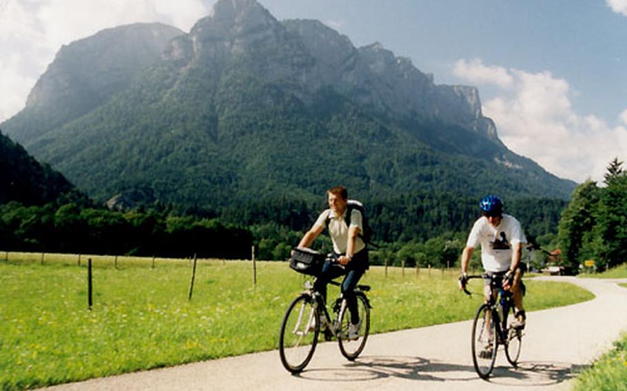 Pedaling into Bad Reichenhall is smooth sailing on a flat path with the mountains in the background.