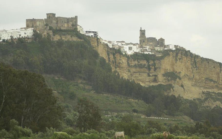 A pair of cows graze with the city of Arcos de la Frontera, Spain, in the background.