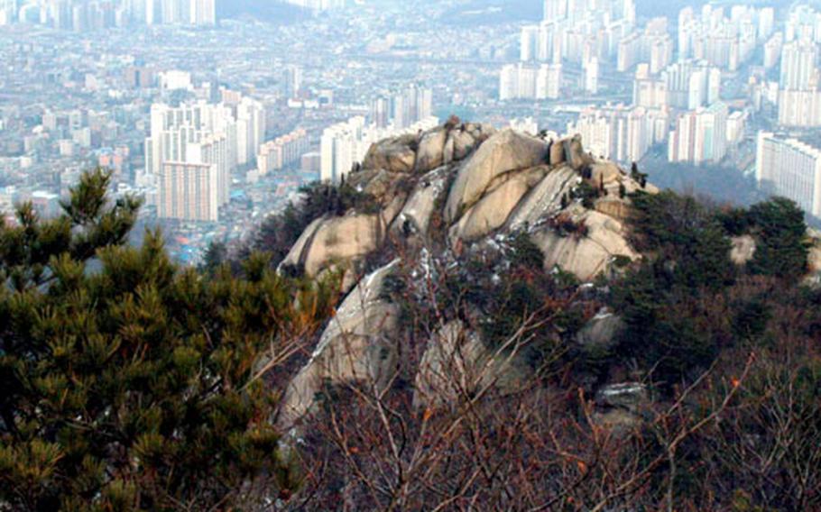 Buildings in the valleys seem out of place from Bukhansan National Park.