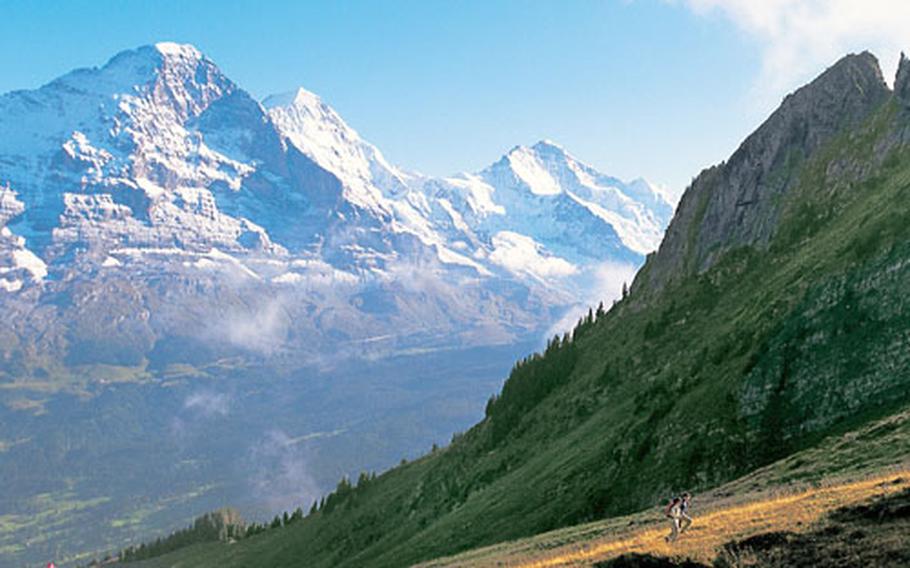 Hikers ascend the Bussalp, a mountain near the popular ski resort at Grindelwald. In the back are the peaks of the Eiger, Mönch and Jungfrau mountains in the Bernese highlands.