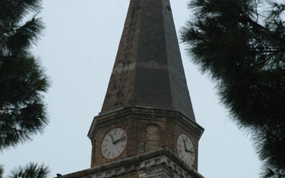 The steeple of the Basilica di Sant&#39; Eufemia towers over much of the old town section of Grado, Italy. The city is a little more than an hour&#39;s drive east of Venice.