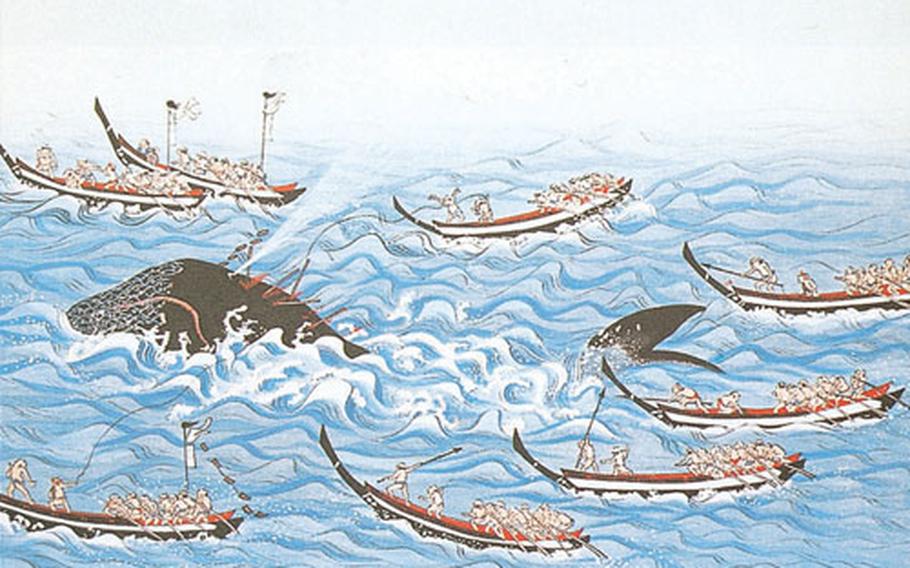 Japanese coastal whaling about 200 years ago. The scene is depicted in the "Geigyo Ranshoroku" picture scroll.