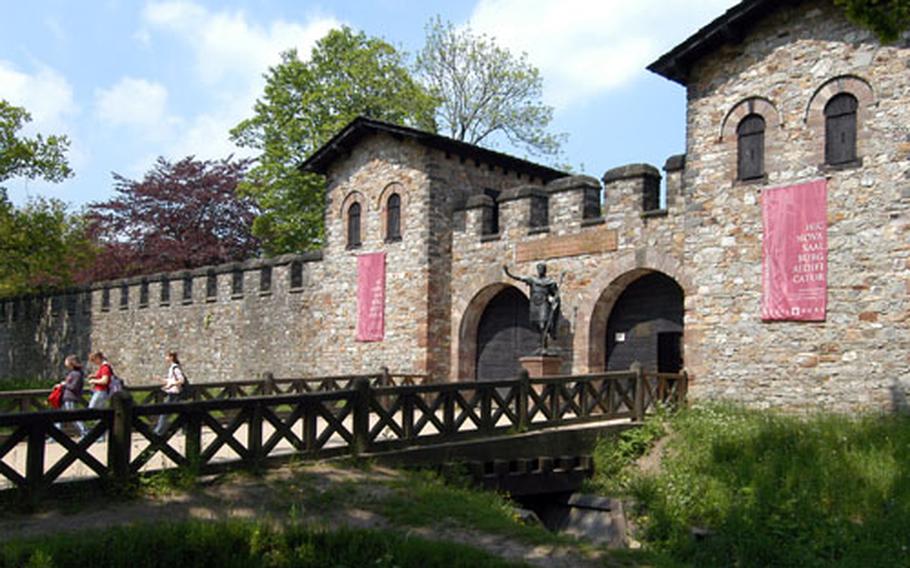The main gate of the Saalburg, a reconstructed Roman fort in Germany's Taunus mountains. The fort and its museum offers an insight into Roman life in Germany at the beginning of the third century.