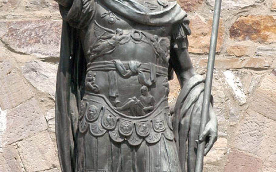A statue of Emperor Antonius greets visitors to the Saalburg, a reconstructed Roman fort in Germnay&#39;s Taunus mountains.