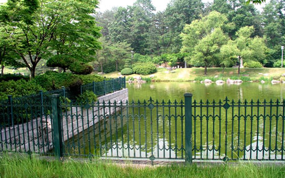 A pond at a quiet corner of the Independence Hall of Korea complex.