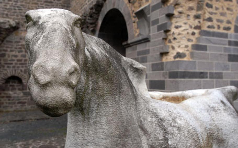 This rather strange statue of a horse stands behind the ruins of the monastery church at Kloster Arnsberg. The monastery&#39;s rebuilt dormitory is regularly used for art exhibits.