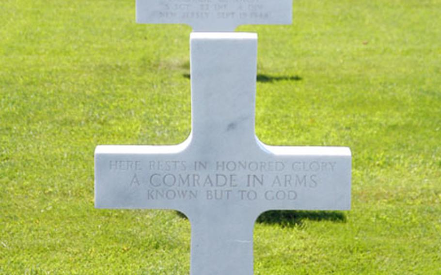A row of crosses at the Henri-Chapelle American Cemetery, on route N18 between Henri-Chapelle and Hombourg, Belgium, about 25 miles southeast of Tongeren. 7,989 fallen of World War II are buried here. About 15 miles north of Henri-Chapelle, across the border in the Netherlands, is another American cemetery at Margraten.