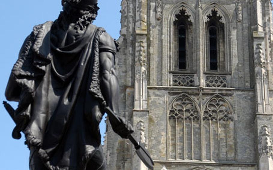 A statue of Ambiorix, king of the Eburons, stands facing the cathedral in Tongeren&#39;s main square.