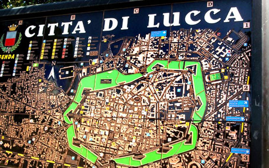 The oldest parts of the Italian city of Lucca are still encircled by 16th century walls, as shown in this map. Visitors can still walk on top of them and get a few views of the city. But there are better views from the Guinigi Tower.