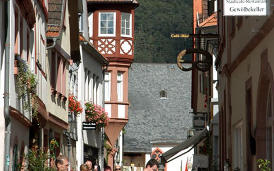 Hirschhorn&#39;s pedestrian main street, Hauptstrasse, is lined with cafes and half-timbered houses.