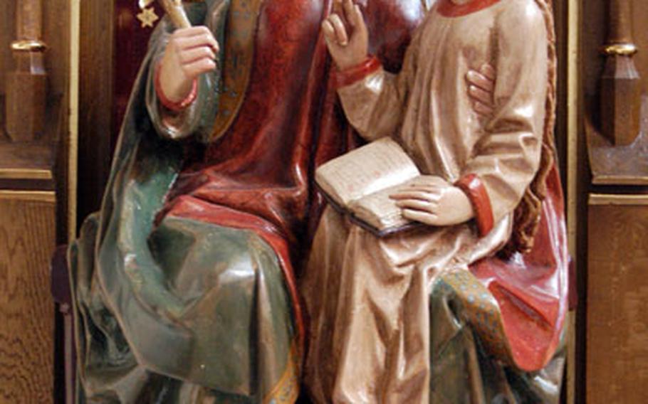 This statue of St. Anna sitting on Mary&#39;s lap is in the St. Anna chapel of Hirschhorn&#39;s Klosterkirche. The church, once part of a Carmelite cloister, was built around 1400. The chapel was added at the beginning of the 16th century.