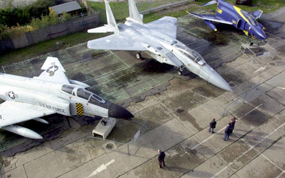 The Technik Museum has a wide range of aircraft, from a Fokker triplane from World War I to the latest U.S. Air Force F-15, here flanked by two F-4 Phantoms.