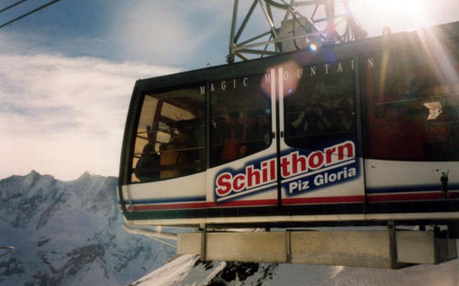A cable car hangs above the slopes of Mürren- Schilthorn, where the James Bond film, “On Her Majesty’s Secret Service,” was filmed.