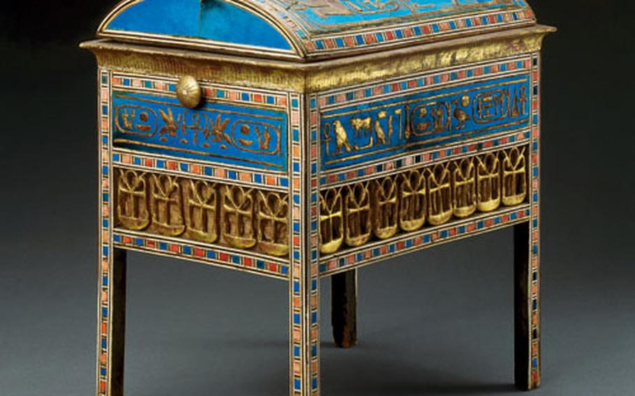 This chest, probably used to store small objects, was found in the tomb of Yuya and Tuya, the in-laws of Amentohep III, who had married their daughter, Tiy. Made of wood, ivory, ebony and faience, the box’s symbolic artwork expresses wishes of long life and prosperity.
