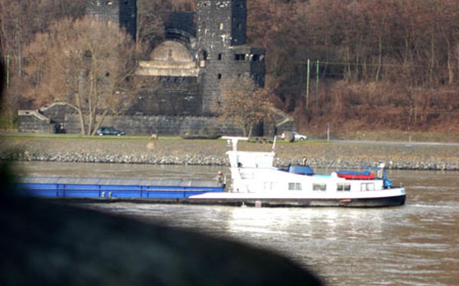 From the base of the old bridge tower in Remagen, the other half of what remains of the Ludendorff Bridge serves as a landmark for tourist and barge operators on the Rhine River.