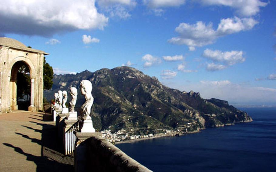 The brilliant blue of the Mediterranean Sea as seen from the dizzying height of the “Terrazza dell’Infinito” (“terrace of infinity") at the Villa Cimbrone in Ravello, Italy.