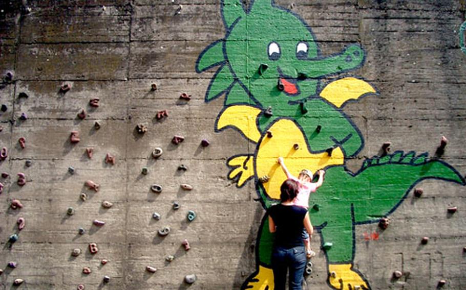 The rock-climbing area has walls for people of all skill levels, including kids who are just starting out.