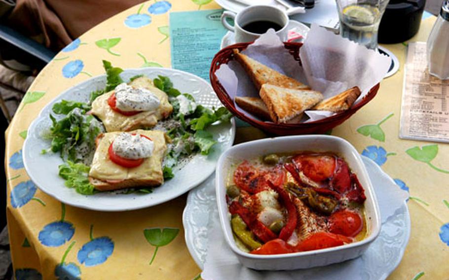 Toast the town with Toast Ladenburg, left, slices of toast with ham, cheese and tomato. Or enjoy a quick snack and coffee at a plaza cafe.