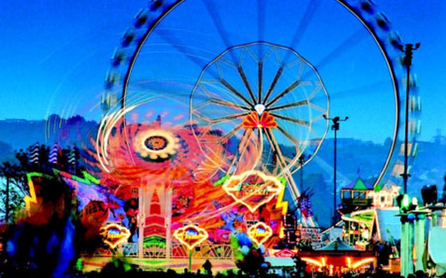 The volksfest includes a variety of rides, suitable for all ages, spread over 40 acres along the Neckar River. Among them is what is advertised as the largest transportable Ferris wheel in the world.