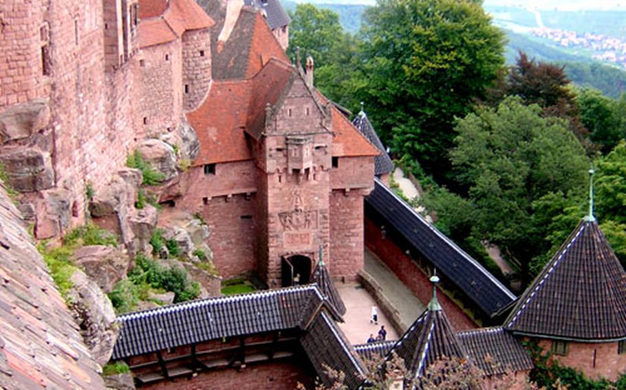 The restored Haut-Koenigsbourg fortress is built into a rocky spur overlooking the Alsatian vineyards. This view is from the north tower of the great keep, looking toward the main entrance of the fortress.