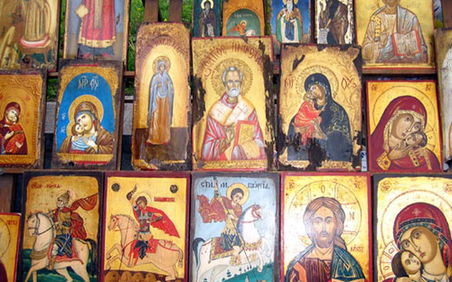 Religious artworks are on display for sale at an open-air market in Sofia. This small market also offered paintings, prints and other artworks by local artists.