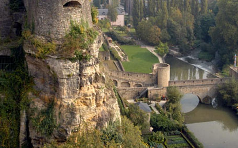 The remnants of the castle of the counts and dukes of Luxembourg stand on the Bock casemates high above the Alzette river.