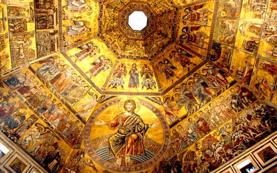 To get into the baptistery next to the cathedral of Santa Mara del Fiore in Florence, Italy, visitors have to enter through bronze doors. But inside, it’s gold that catches the eye. Biblical scenes are offset by gold on a striking ceiling.