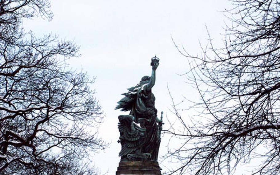 The Germania statue of the Niederwald monument raises the king’s crown into the air. The monument honors German unification after the Franco-Prussian war of 1870-71.