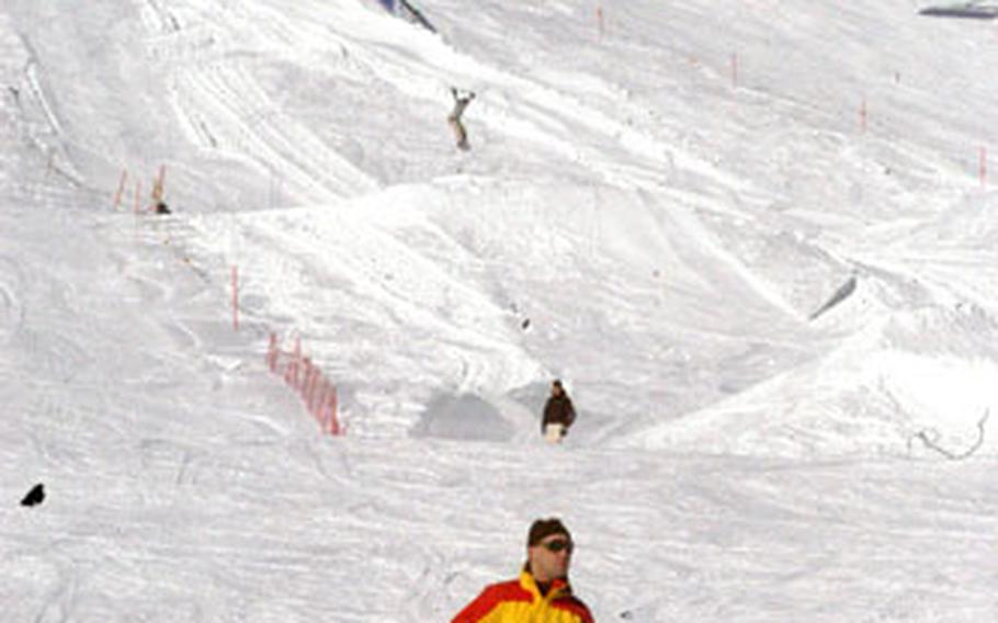 A skier comes down one of the wide-open slopes at the ski resort at Feldberg, Germany.
