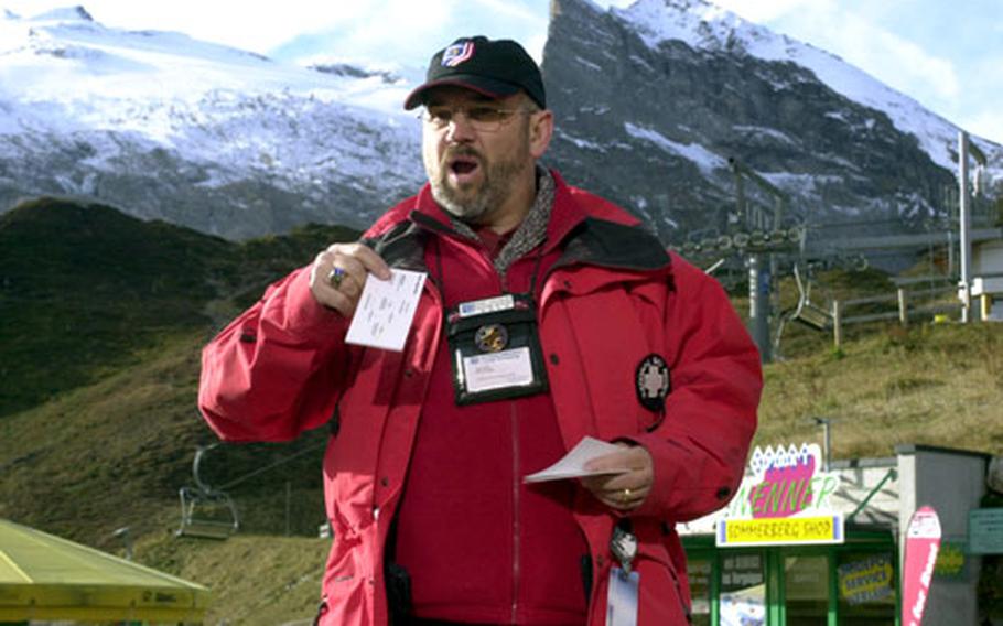 Ron Vaughn, a member of the ski patrol from Stuttgart, Germany, teaches a refresher course for patrollers based in Europe.