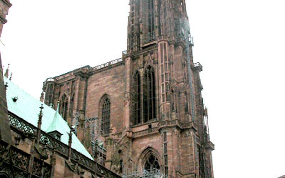 From anywhere in Strasbourg, France, the Strasbourg Cathedral de Notre-Dame dominates the skyline. The massive Gothic cathedral was built between the 11th and 15th centuries. Its tower rises 469 feet, the tallest in Europe.