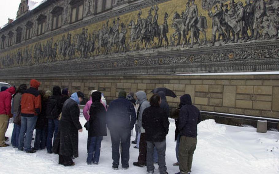 “Procession of the Dukes,” a giant mural along the side of the city palace in downtown Dresden, gives another look at the city’s history.