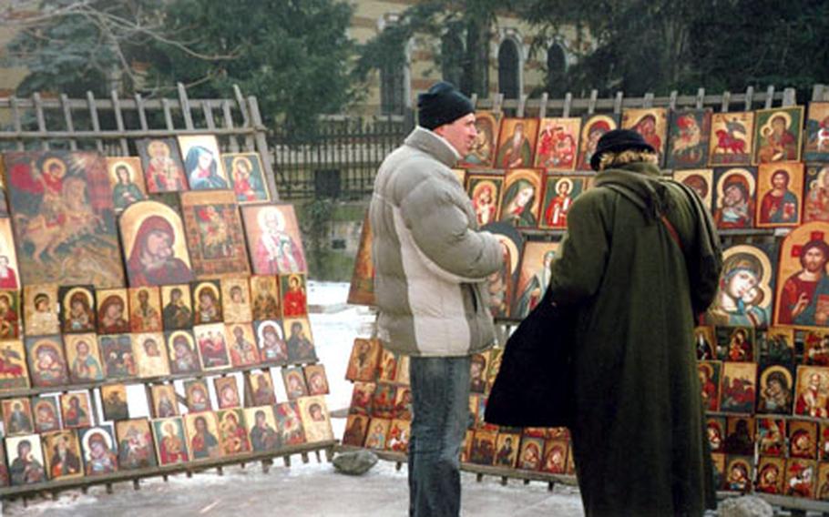 Religious icons are a popular item in Sofia’s street market.