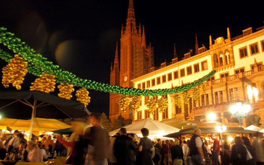 The center of the Rheingau Wein Woche festival is in front of the town hall and Markt Kirche (Market Church) in Wiesbaden, the capital in the state of Hesse.