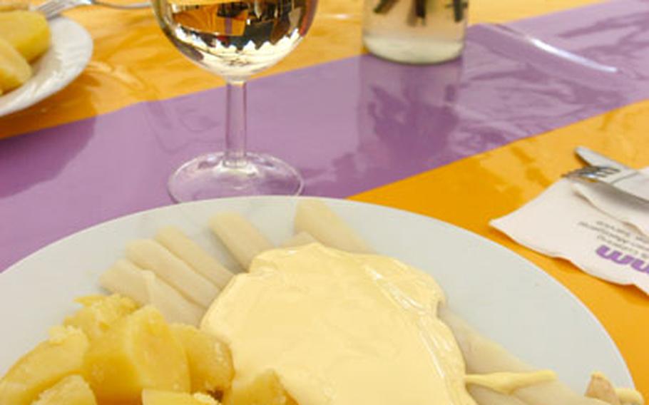 A traditional serving of white asparagus topped with Hollandaise sauce and served with boiled potatoes as served at the Spargel- und Grillfestival in Weiterstadt, Germany.