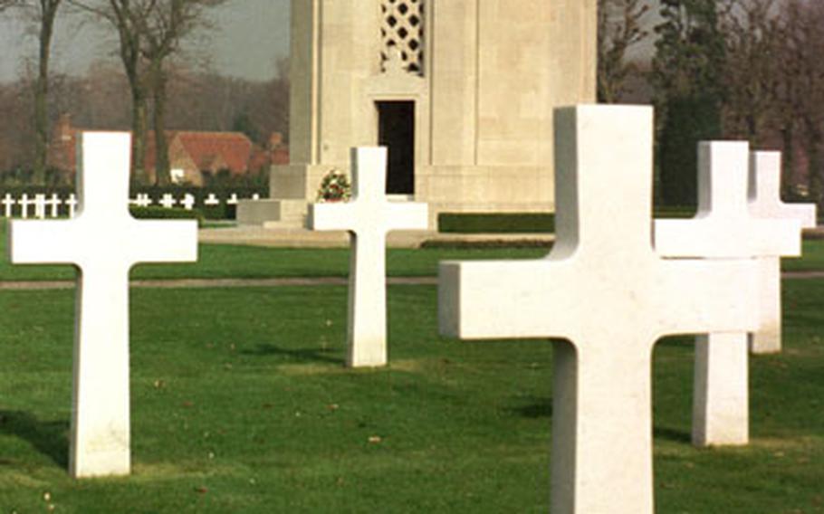 The white stone chapel stands in the middle of the graves 368 Americans, most of whom died in World War I at Flanders Field American Cemetery. It is the smallest of the WWI cemeteries.