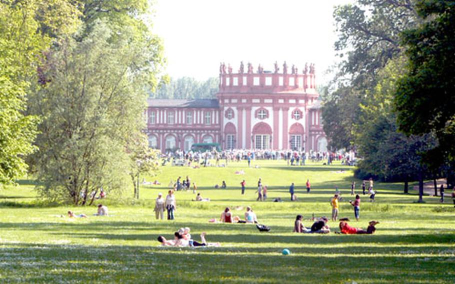 The Biebricher Schloss, originally a summer home and later the main palace of the dukes of Nassau, dominates one end of the Schlosspark near Wiesbaden, Germany.
