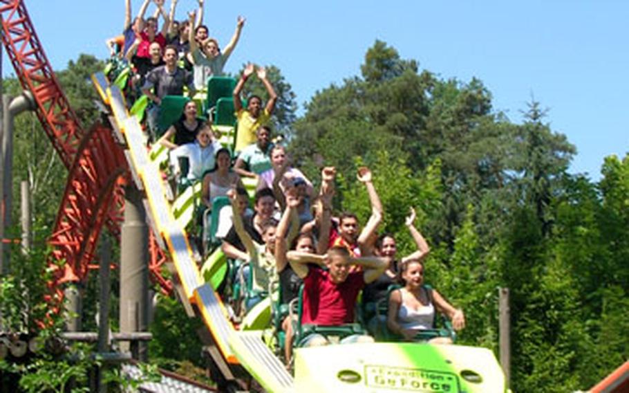 Expedition GeForce at Holiday Park in Hassloch, Germany, reaches speeds of around 75 mph and exerts a G-force of 4.5 on riders.