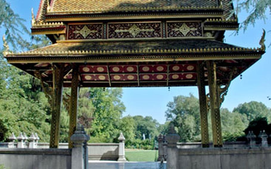 A golden pagoda stands guard at the edge of Bad Homburg’s Kurpark, a playground for Kaiser Wilhelm II in the 19th century. The park contains gardens, fountains and statues as well as a casino and the Kur Royal thermal baths.